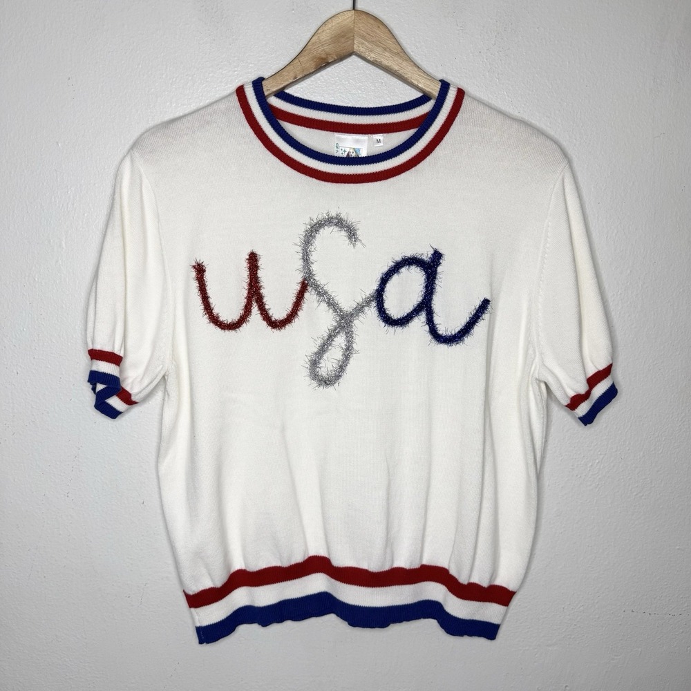 Queen Of Sparkles USA Short Sleeve Sweater Too Shirt Patriotic Women's Medium